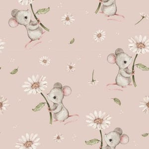 Cotton Cotton fabric cute mouse with flowers daisies pink + from 50 cm