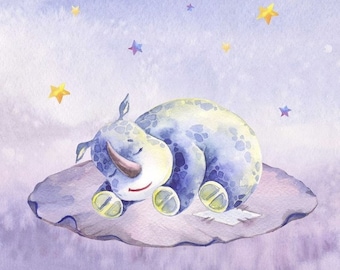 Fabric Panels Premium Cotton 51 x 51 cm Cute Rhino Sweet Dreams Purple Blue