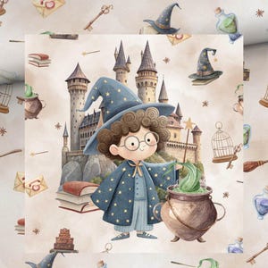 May include: Watercolor illustration of a young wizard in a blue robe and hat with gold stars, standing in front of a castle. The wizard is stirring a potion in a cauldron. Other magical items include books, keys, and potion bottles.