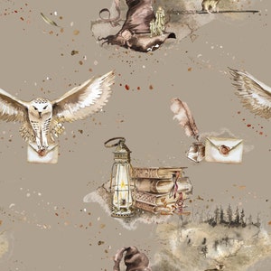 May include: A seamless pattern featuring watercolor illustrations of magical objects, including a white owl, a lantern, a stack of books, a quill pen, an envelope, and a witch's hat. The background is a light brown color with brown speckles.