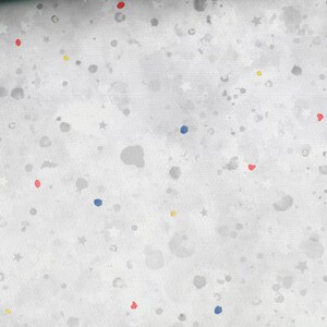 May include: A white background with a scattered pattern of blue, red, and yellow dots and stars.