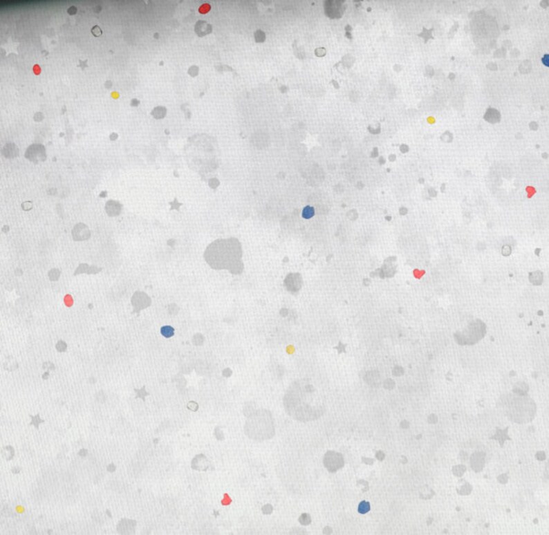 May include: A white background with a scattered pattern of blue, red, and yellow dots and stars.