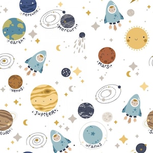 Tissu Coton Patchwork Espace Fusée Terre Étoiles Planètes Lune Mars Vénus Galaxie Blanc à partir de 50 cm