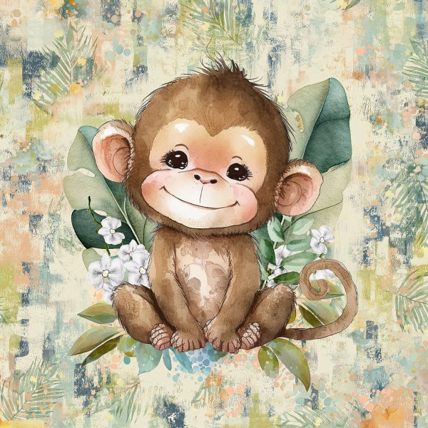 Fabric Panels Sweat French Terry Summer Sweat Exotic Animals Children's Fabric Monkey 40 x 50 cm