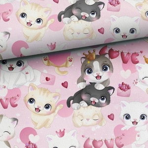 Fabric Sweat French Terry Summer Sweat Cute Cats Hearts Love Crown Pink 165 cm wide + optionally with matching panel