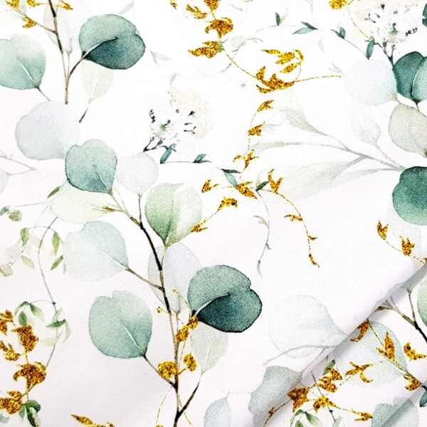 Fabric Sweat French Terry Summer Sweat Leaves Flowers Eucalyptus Malachite 82 cm long x 160 cm wide