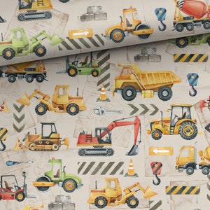 Tissu Coton Tissu Coton Popeline Chantier Véhicules de Construction Voiture Excavatrice Camion Benne à partir de 50 cm
