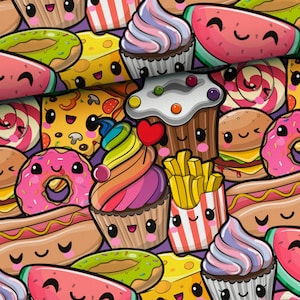 Op de afbeelding: Een kleurrijke digitale illustratie met verschillende cartoonvoedingsmiddelen met glimlachende gezichten. De illustratie bevat een watermeloen, een cupcake, een donut, een pizzapunt, een hotdog, frietjes en een hamburger.