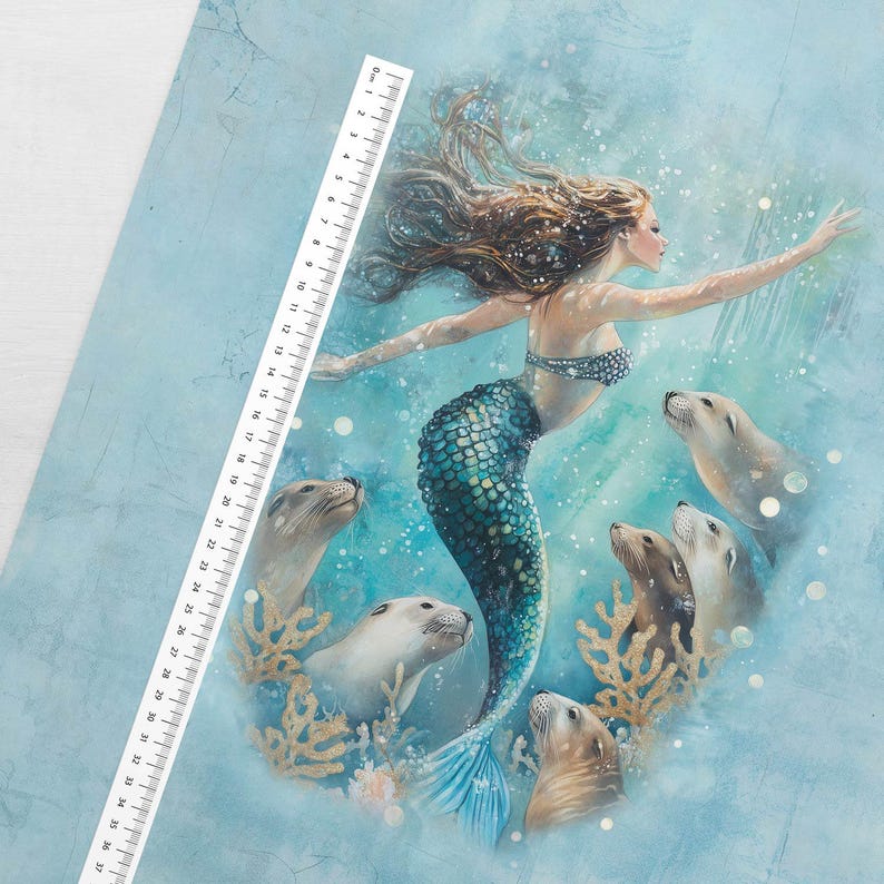 May include: A watercolor illustration of a mermaid with flowing brown hair and a teal tail, surrounded by seals and coral. The mermaid is wearing a blue and silver seashell top. A ruler with centimeter markings is in the upper left corner.