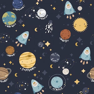 Pré-commander! Tissu en coton fusée planètes espace galaxie mars jupiter à partir de 50 cm
