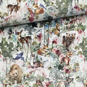 preorder! Fabric cotton patchwork forest animals fawn rabbit fox girl flowers pink 155 cm wide