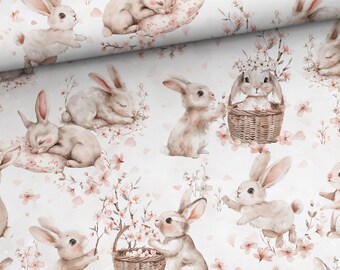 Cotton fabric patchwork spring cute woodland animals hares rabbits in a basket flowers from 50 cm