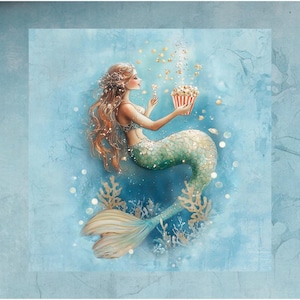 Puede incluir: Ilustración de una sirena con largo cabello castaño rojizo y una cola verde brillante. Sostiene una caja de palomitas de maíz y una palomita, rodeada de burbujas y corales en una escena submarina azulada.