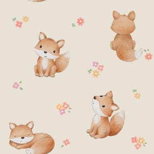 Tissu coton tissu en coton mignon animaux de la forêt renard fleurs florales beige 155 cm de large