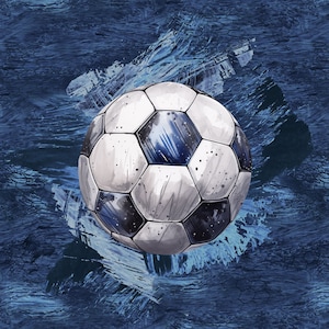 May include: A white and black soccer ball with blue accents on a blue and white abstract background.