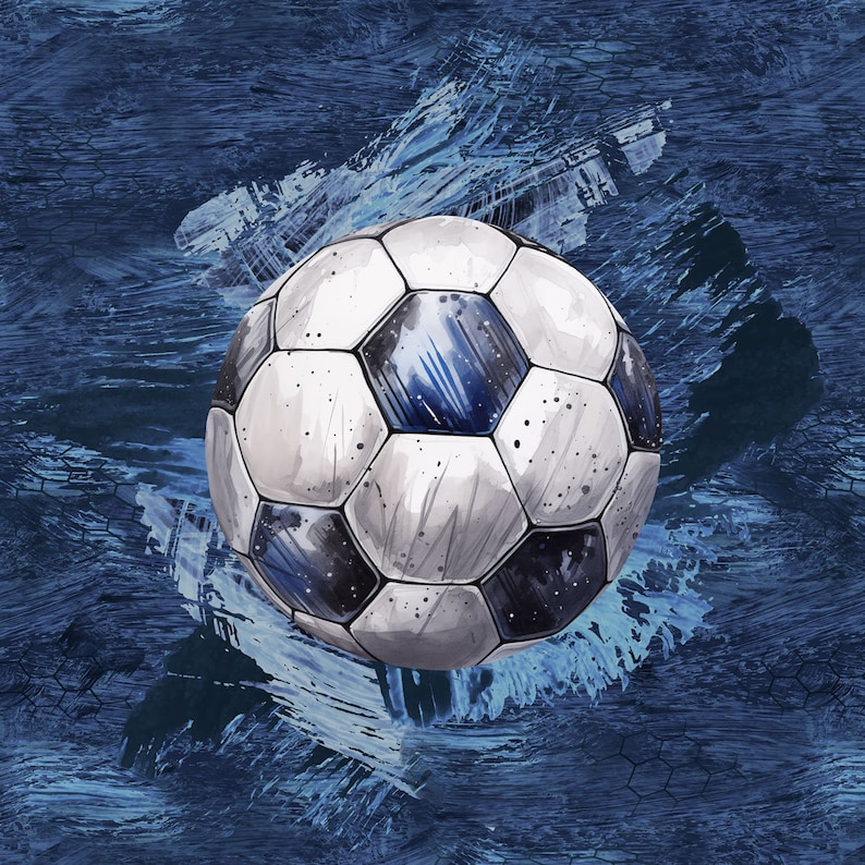 May include: A white and black soccer ball with blue accents on a blue and white abstract background.