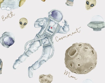 Tela de algodón premium vendida por metros astronauta espacio galaxia tierra azul blanco 155 cm de ancho