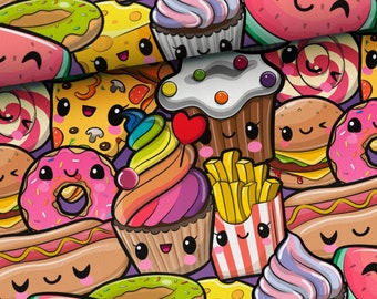 Pre-order! Jersey cotton jersey fabric with funny food muffins and fries, 160 cm wide
