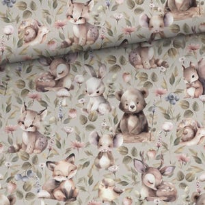 Fabric Cotton Cotton fabric cute forest animals bear rabbit fawn squirrel snail meadow flowers 155 cm wide