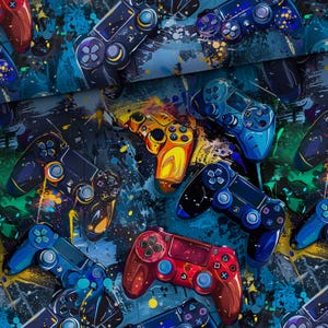 Könnte beinhalten: Ein nahtloses Muster mit bunten Videospielcontrollern auf blauem Hintergrund mit weißen Farbspritzern. Die Controller sind in verschiedenen Farben, darunter Rot, Blau, Gelb und Schwarz.