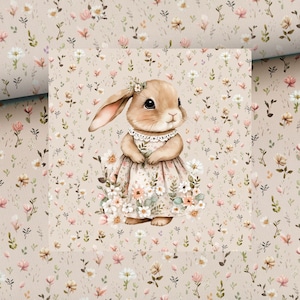 Sweat fabric French Terry + panel cute bunny floral with flowers + optionally with combination fabrics +