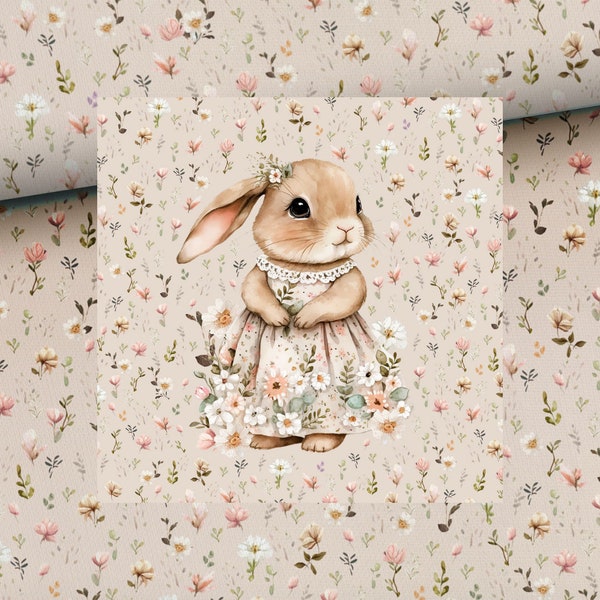 Tissu sweat French Terry + panneau joli lapin floral avec fleurs + en option avec des tissus combinés +