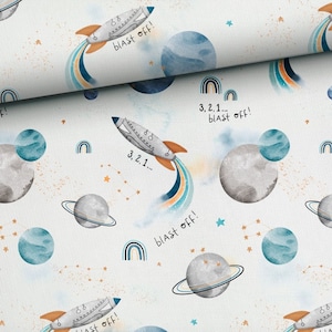 Pre-order! Cotton fabric Galaxy rocket planets space on white from 50 cm