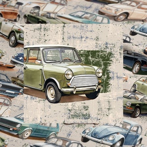 May include: A vintage green Mini Cooper car with a white roof and chrome accents. The car is surrounded by other vintage cars in a collage style.