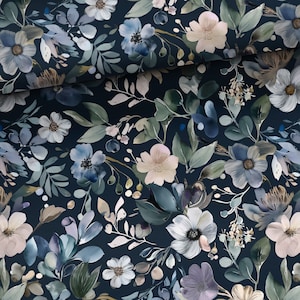 Stoff Jersey Baumwolljersey Floral Blumen Blau Blüten Sommerblumen Gräser ab 50 cm