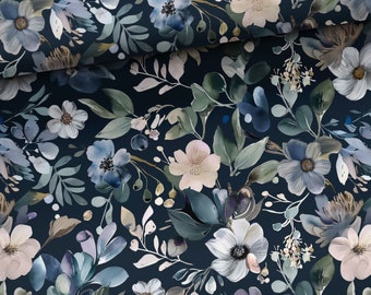 Fabric Jersey Cotton Jersey Floral Flowers Blue Blossoms Summer Flowers Grasses from 50 cm