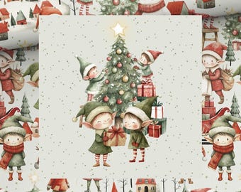 May include: A repeating pattern featuring watercolor illustrations of elves in green clothing and red scarves, decorated Christmas trees with gold stars, and small houses in a snowy landscape. The design includes gift boxes and festive holiday motifs.
