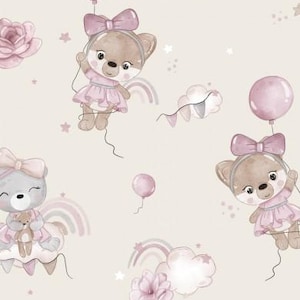 Puede incluir: Un patrón sin costuras con lindos animales de dibujos animados con lazos rosas, globos y arcoíris sobre un fondo beige claro. Los animales son un oso que sostiene un oso más pequeño y un zorro que sostiene un globo.