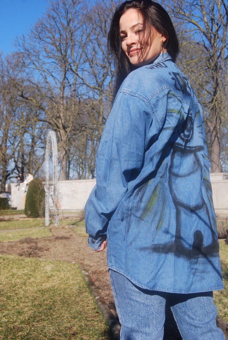 Hand-painted vintage denim shirt upcycled blouse who is in control