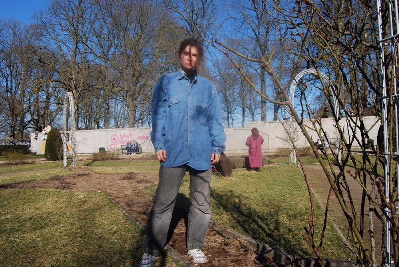 Hand-painted vintage denim shirt upcycled blouse who is in control