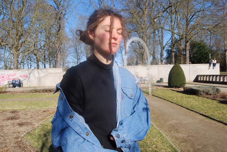 Hand-painted vintage denim shirt upcycled blouse who is in control