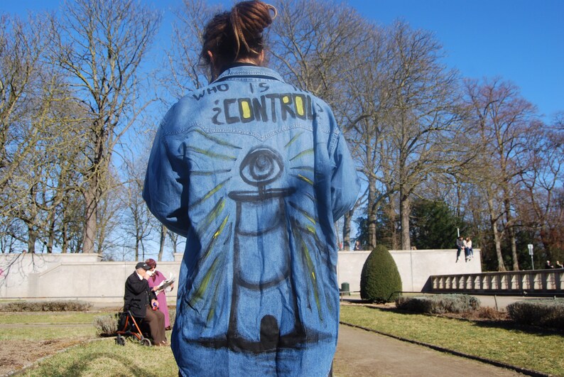 Hand-painted vintage denim shirt upcycled blouse who is in control