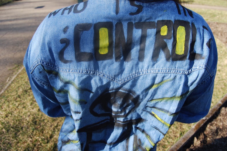 Hand-painted vintage denim shirt upcycled blouse who is in control