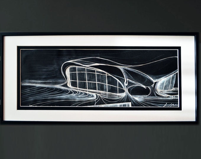 4D8-TWA. JFK Airport, Original Architectural Handrawing Pen & Ink, American Airport-Hotel Sketch,Framed