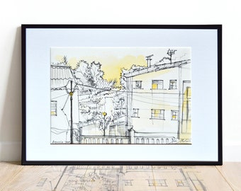 DORNEDA, Oleiros, Galicia, Original Architectural Handrawing, watercolor, framed.