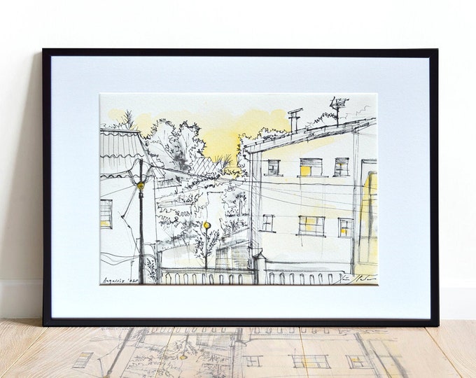 SUNEDA, Oleiros, Galicia, Original Architectural Handrawing, watercolor, framed.