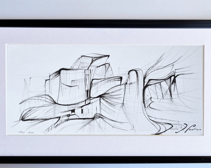 HIAYACINTH, City Architectural sketch, abstraction, Handrawing Museum, framed