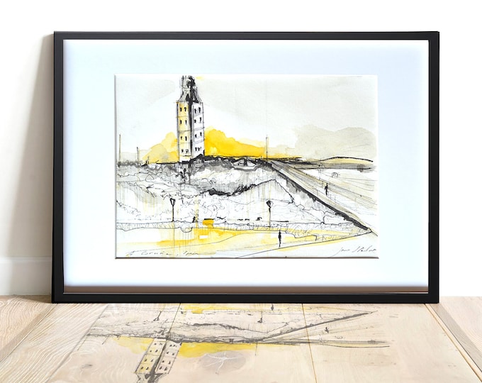 HERCULES,  Galicia Handrawing Lighthouse A Coruña, Sketch, Original handmade, Sunset, framed.