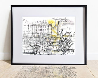 SAN-AMARO, A Coruna, Galicia, Print Architectural Handrawing,Spanish watercolor,Not-framed.