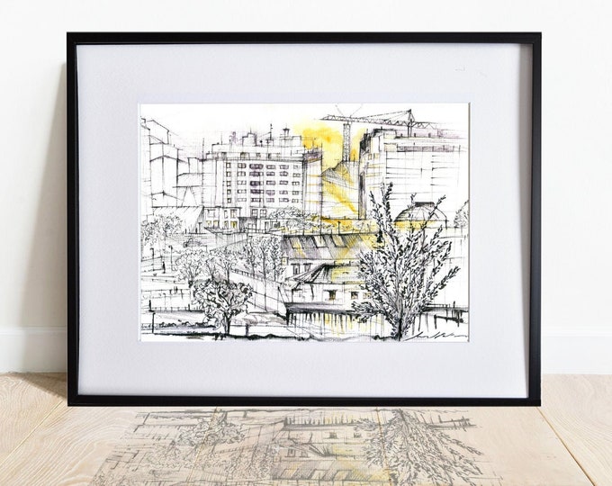 SAN-AMARO, A Coruna, Galicia, Print Architectural Handrawing,Spanish watercolor,Not-framed.