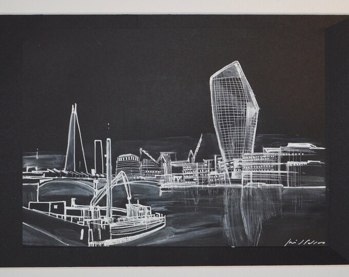 THAMES. London Architectural Pen Handrawing, Ink Cityscape, 15.6 x 11.8 inch.