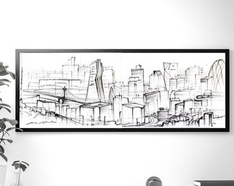 London Utopic Cityscape: Original Black Ink Architectural Drawing