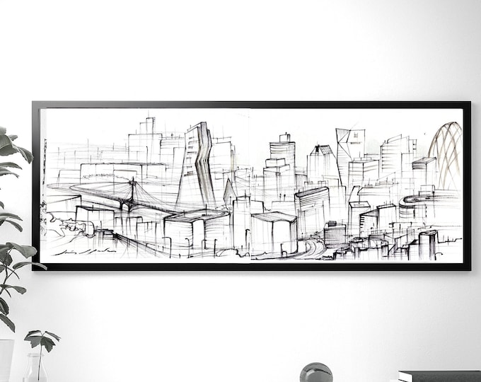 BASIN, City Original, Handrawing, UK ,Architectural Sketch, Abstraction,Black ink, Framed with metalic clips version