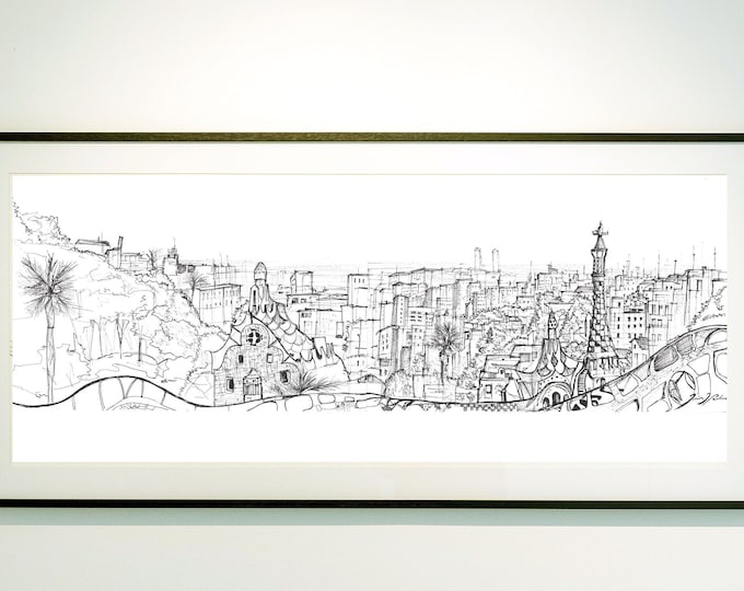 Barcelona Architecture Cityscape Sketch - Parq Guell - Gaudi ORIGINAL Handmade Handrawing