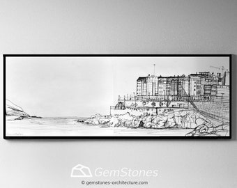 ORZAN. A Coruña, Galicia, Spain, Original Handrawing Black ink, Architectural Sketch, framed-clips.