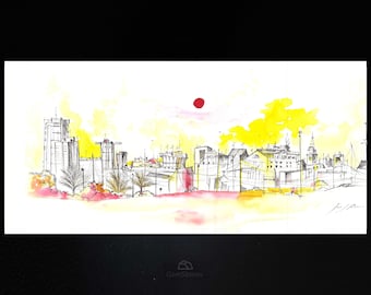 A Coruña Spain Skyline Art: Original Framed Architectural Sketch